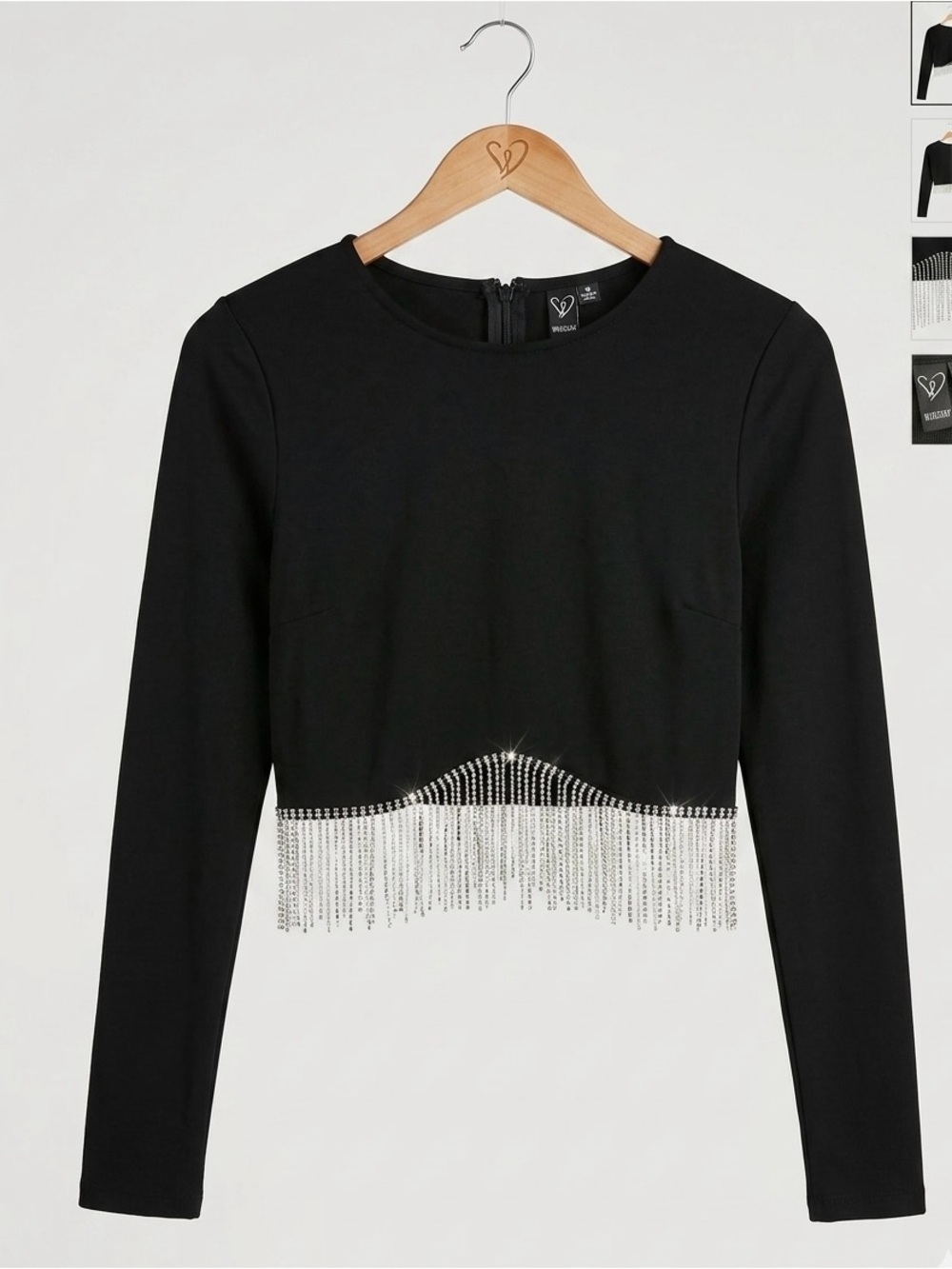Windsor Black Long-Sleeve Festival Crop Top with Silver Shiny Rhinestone Fringe